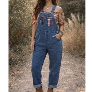 Rio Vintage Denim Plaid Patchwork Overalls Womens Large Medium Wash Cotton e3